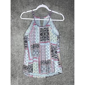 Spense Sleeveless Halter Top‎ Women Size Medium Blue Lined Keyhole Mesh Floral